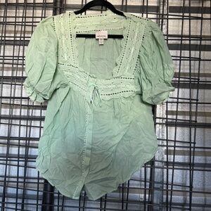 3/$25 Industry Mint Green Lace-Trim blouse medium m Puff Sleeve Top flowy A5